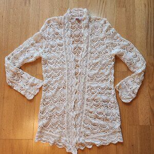 Young Essence Ivory Crochet Open Cardigan Sweater CoverUp XL Fairycore Boho Cott